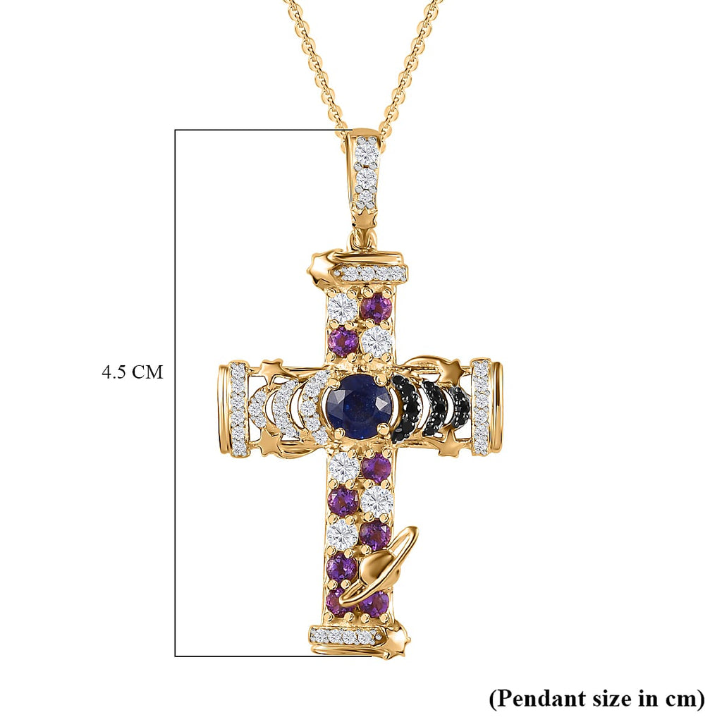 GP Celestial Collection - Masoala Sapphie & Multi Gemstone Cross Pendant with Chain (Size 20) in Platinum Overlay Sterling Silver 3.02 Ct, Silver Wt. 6.63 Gms