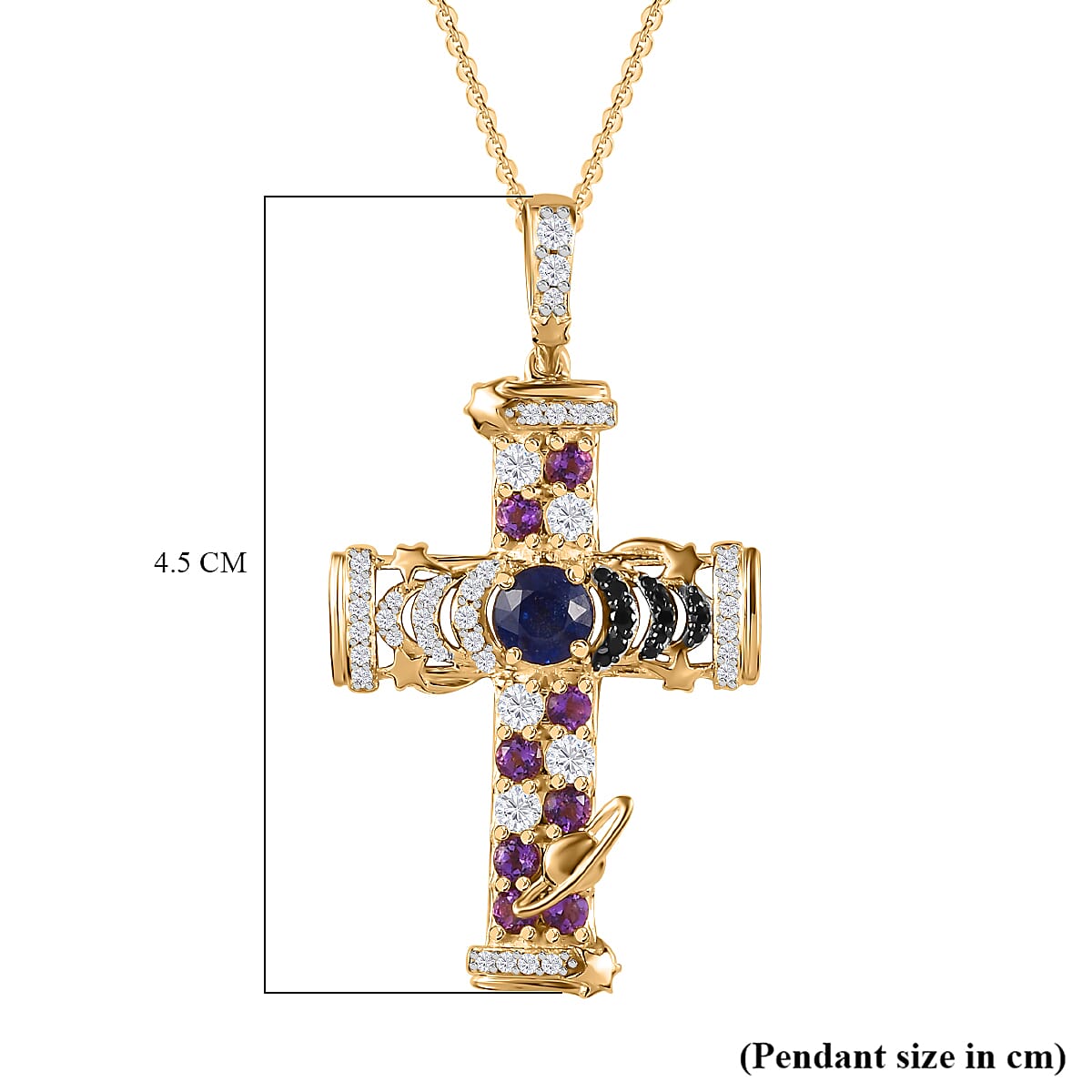 GP Celestial Collection - Masoala Sapphire &amp; Multi Gemstone Cross Pendant with Chain (Size 20) in Platinum Overlay Sterling Silver 4248647 7