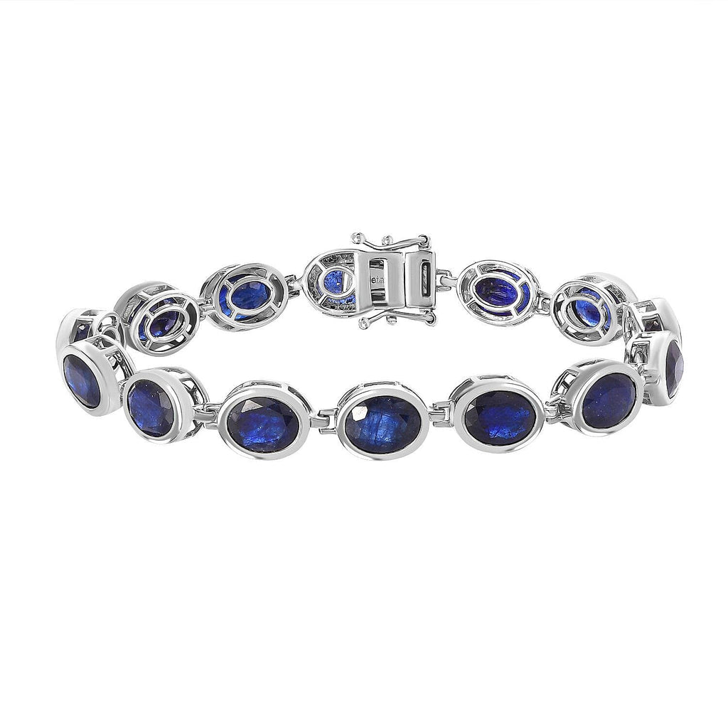Blue Sapphire Tennis Bracelet (Size - 7.5) with GB Lock Box in Platinum Overlay Sterling Silver 36.11 Ct, Silver Wt. 16.34 Gms.