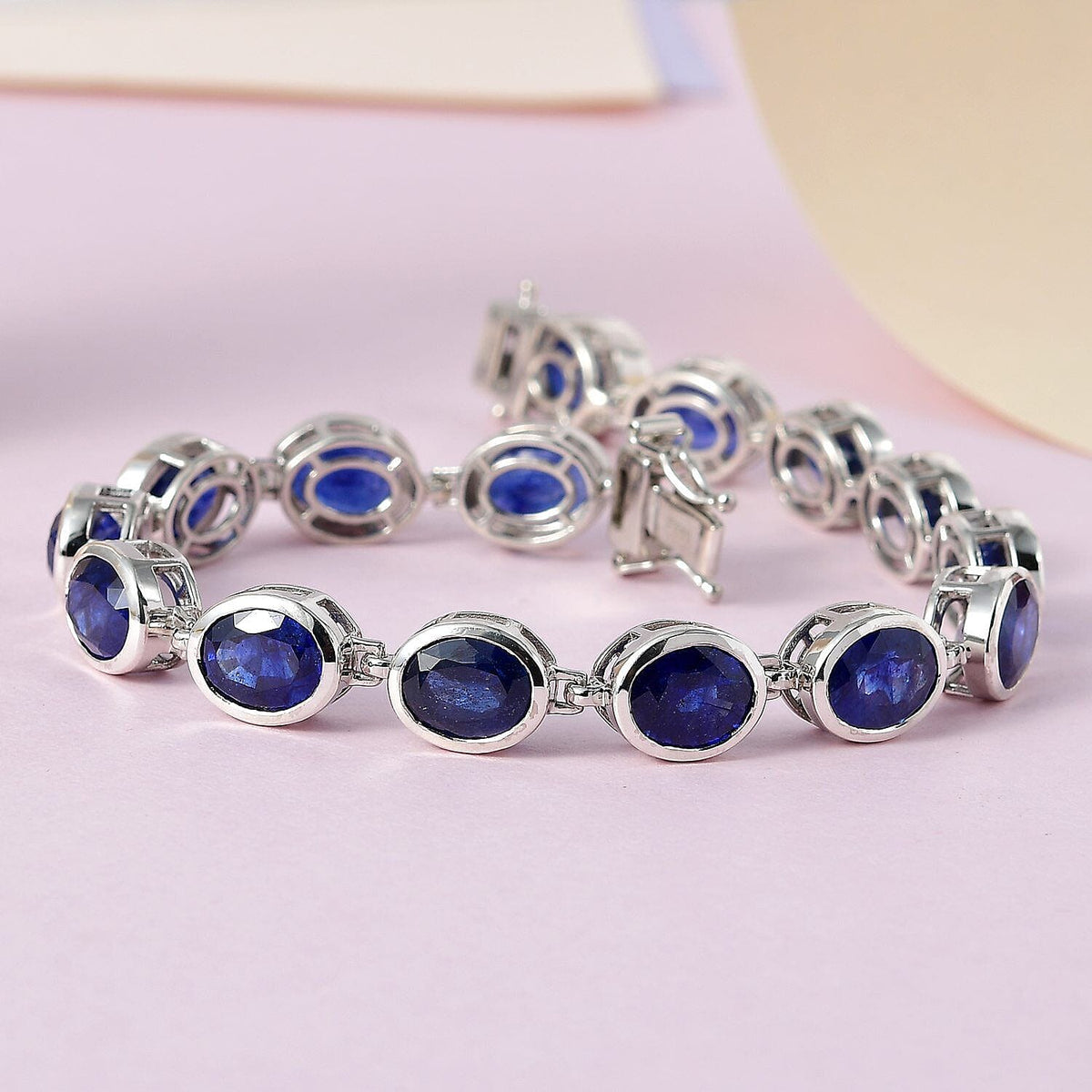 Blue Sapphire Link Bracelet with Box Clasp in Platinum Overlay Sterling Silver 7 Inch 7373827 1
