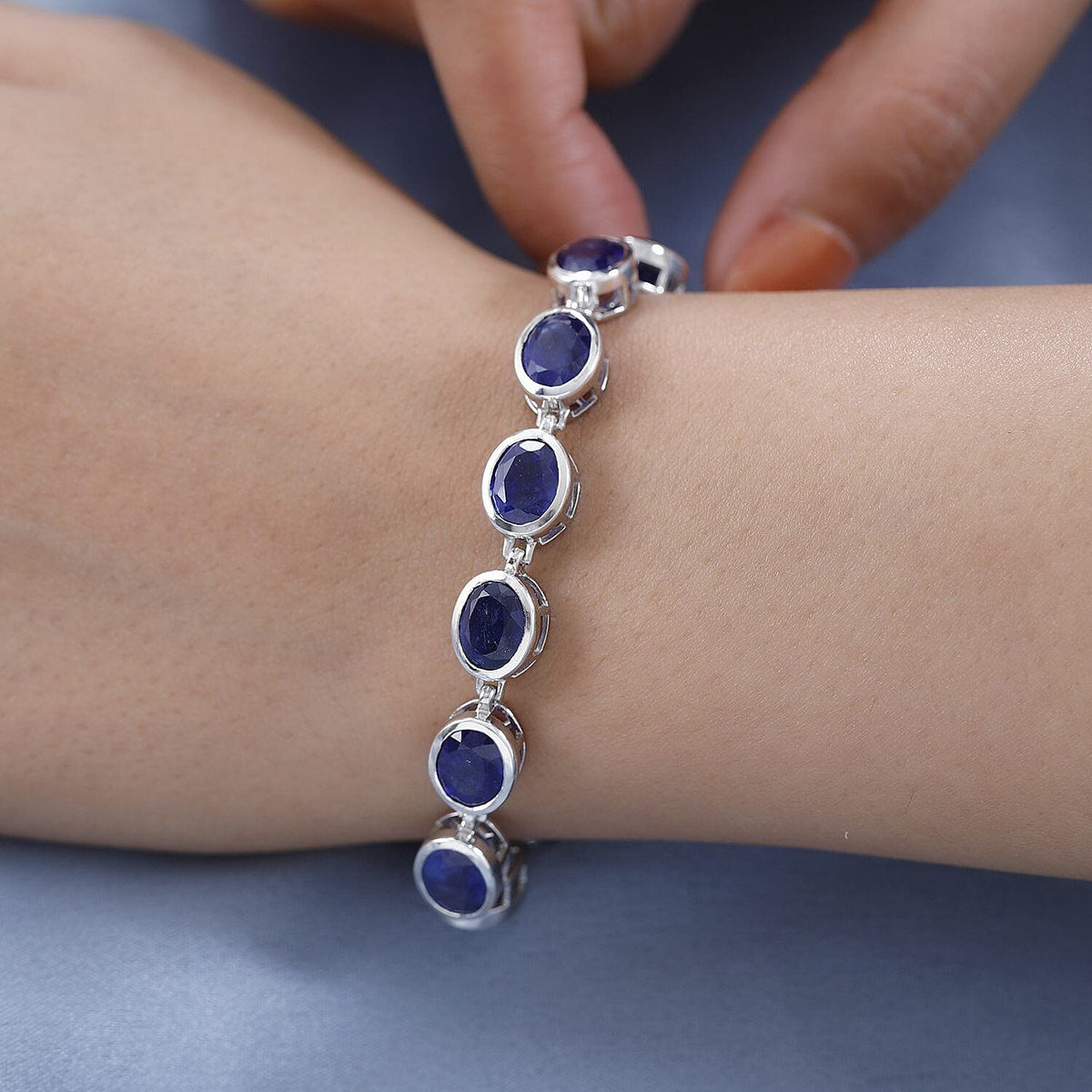 Blue Sapphire Link Bracelet with Box Clasp in Platinum Overlay Sterling Silver 7 Inch 7373827 2