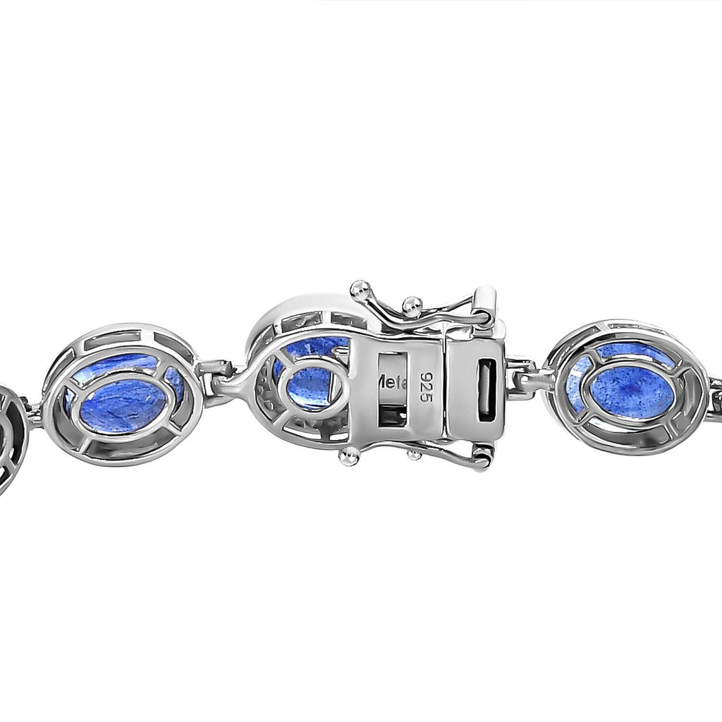 Blue Sapphire Tennis Bracelet (Size - 7.5) with GB Lock Box in Platinum Overlay Sterling Silver 36.11 Ct, Silver Wt. 16.34 Gms.