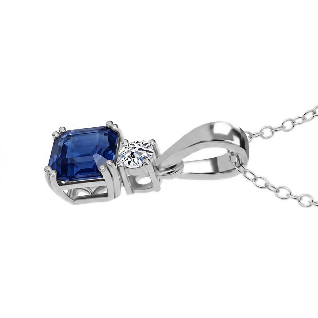 Masoala Sapphire & Lab Grown Diamond Pendant with Chain (Size 20) in Rhodium Overlay Sterling Silver 1.84 Ct.