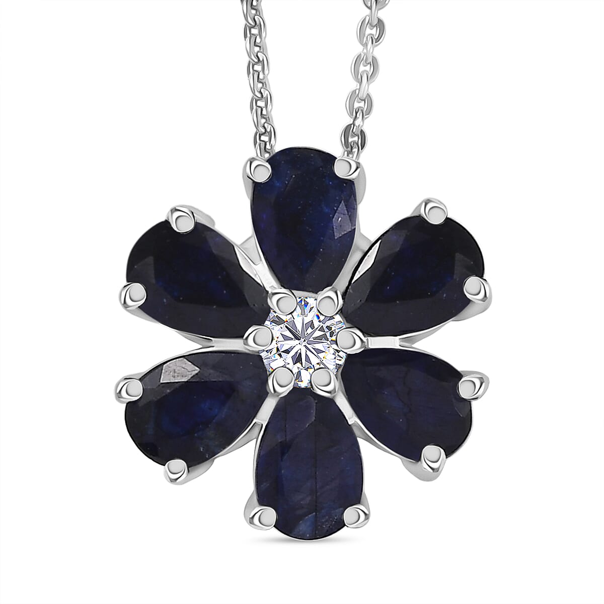 Masoala Sapphire &amp; White Zircon Pendant with Chain (Size 20) in Platinum Overlay Sterling Silver 1.82 Ct. 4421181 0