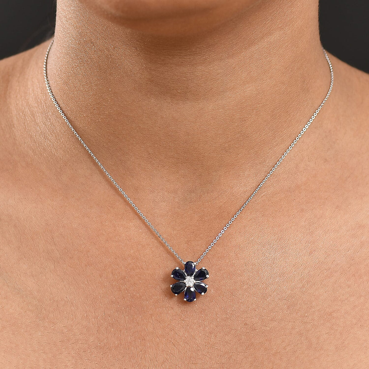 Masoala Sapphire &amp; White Zircon Pendant with Chain (Size 20) in Platinum Overlay Sterling Silver 1.82 Ct. 4421181 2