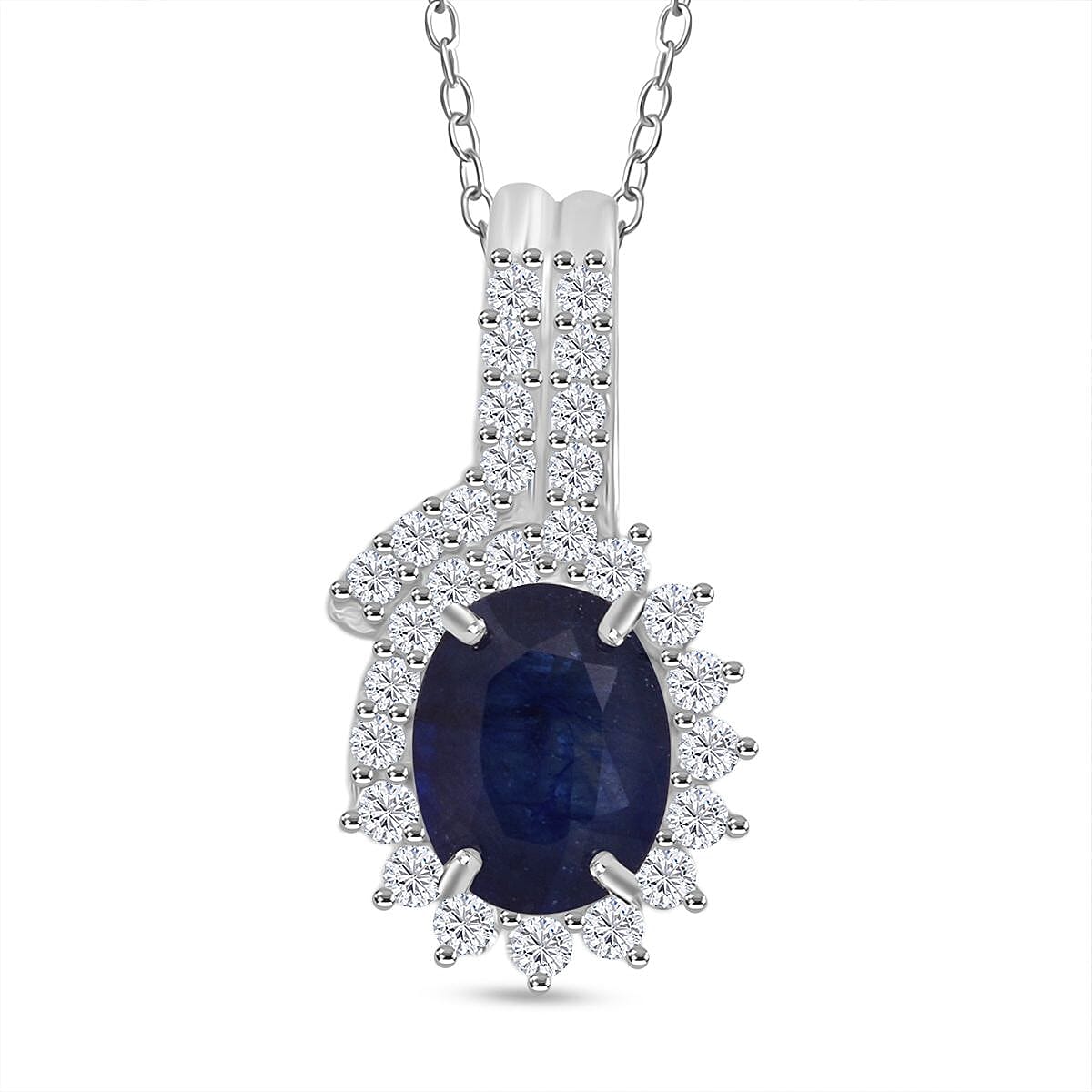 Masoala Sapphire &amp; White Zircon Halo Pendant with Chain (Size 20) in Rhodium Overlay Sterling Silver 3.75 Ct. 4426290 0