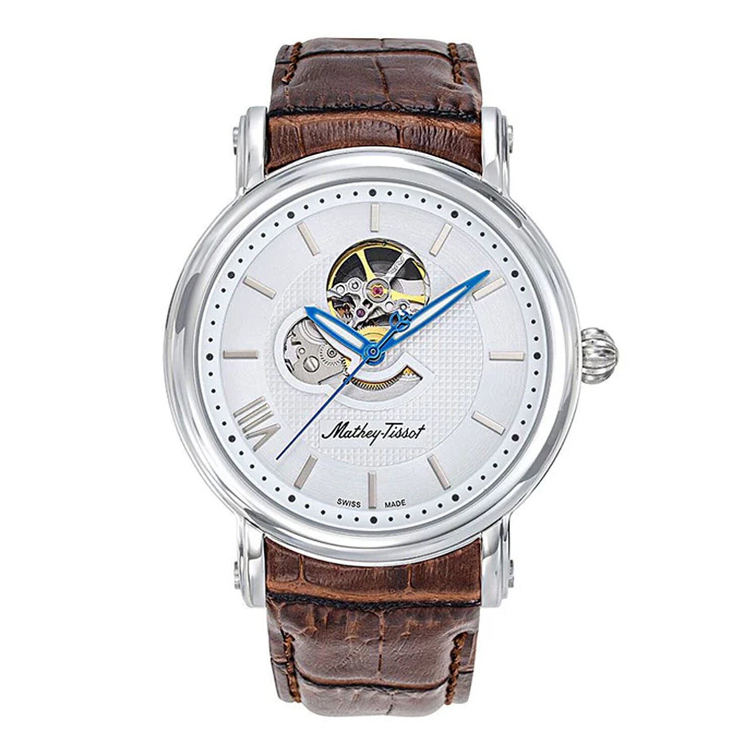 MATHEY TISSOT Skeleton Auto Automatic Landeron 24 5ATM WR Silver Dial - Silver Case Mens Watch with Brown Leather Strap 8365132 0