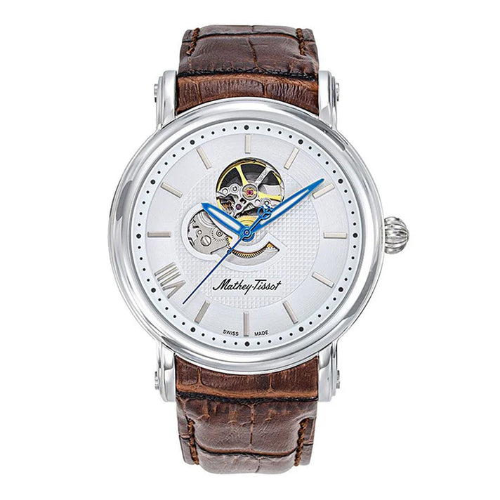 MATHEY TISSOT Skeleton Auto Automatic Landeron 24 5ATM WR Silver Dial - Silver Case Mens Watch with Brown Leather Strap 8365132 1