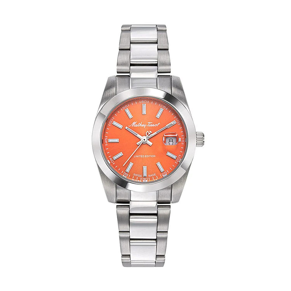 Mathey Tissot Limited Edition Sunray Quartz Movt. 5ATM WR Orange Dial Ladies Watch with Silver Colour Stainless Steel Strap 8026008 0