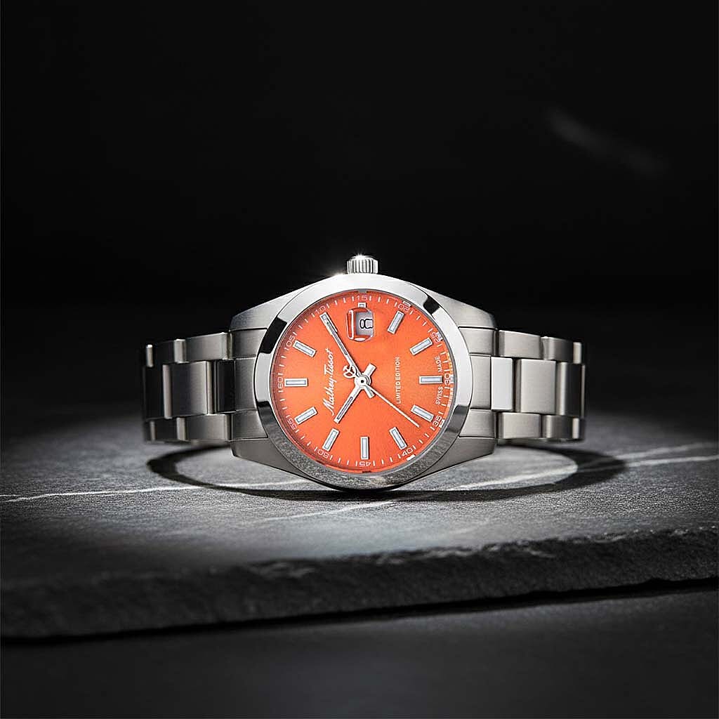 Mathey Tissot Limited Edition Sunray Quartz Movt. 5ATM WR Orange Dial Ladies Watch with Silver Colour Stainless Steel Strap 8026008 1