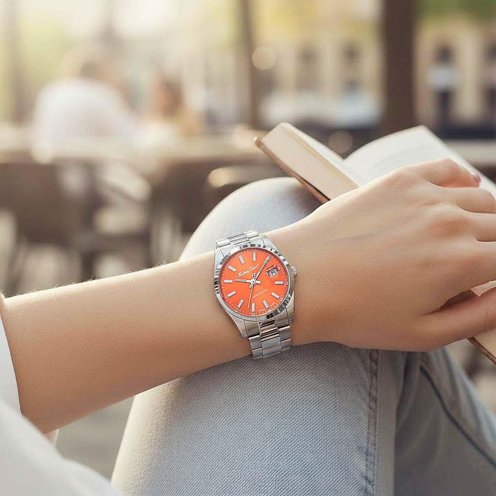 Mathey Tissot Limited Edition Sunray Quartz Movt. 5ATM WR Orange Dial Ladies Watch with Silver Colour Stainless Steel Strap 8026008 2