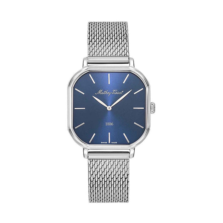 Mathey Tissot Monsoon Square Swiss Movt. 3ATM WR Blue Dial Ladies Watch with Silver Colour Stainless Steel Mesh Strap 8030503 1