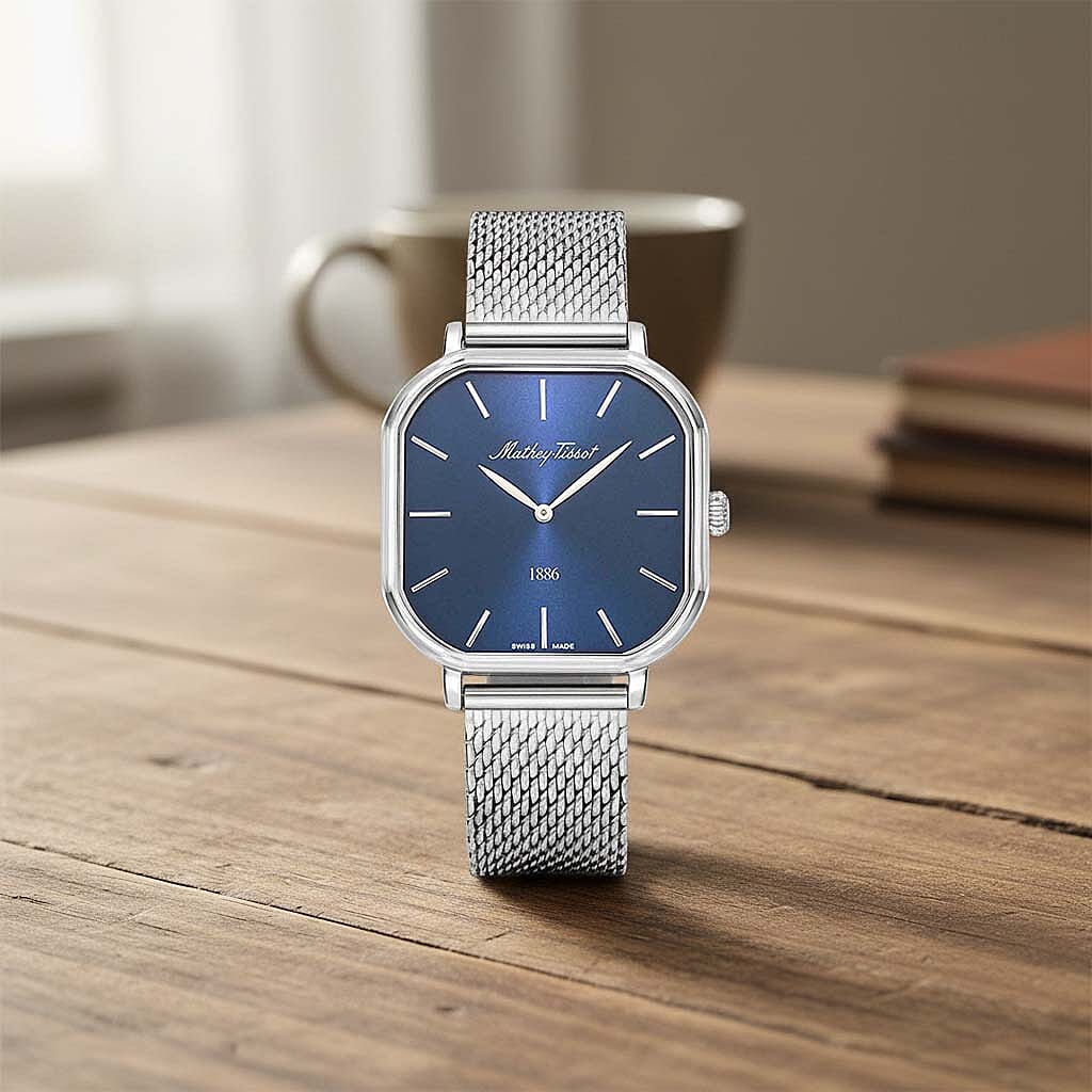 Mathey Tissot Monsoon Square Swiss Movt. 3ATM WR Blue Dial Ladies Watch with Silver Colour Stainless Steel Mesh Strap 8030503 1