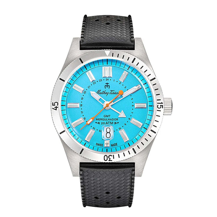 Mathey Tissot - Mergulhador GMT MRGSK Quartz Movt. 20ATM WR Teal Dial Mens Watch with Black Genuine Leather Strap 8057966 1