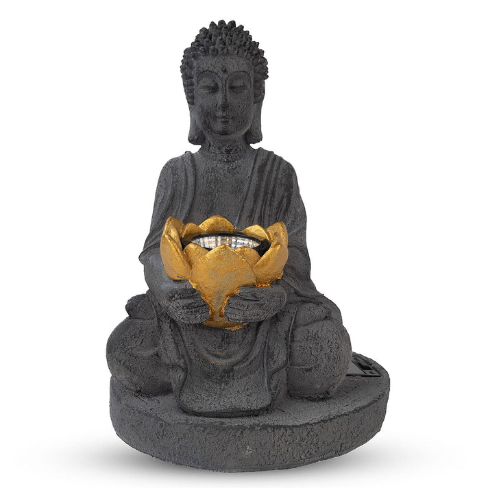 Meditating Buddha Solar Decorative Light - Grey with Gold Lotus Candle Holder 8135122 1