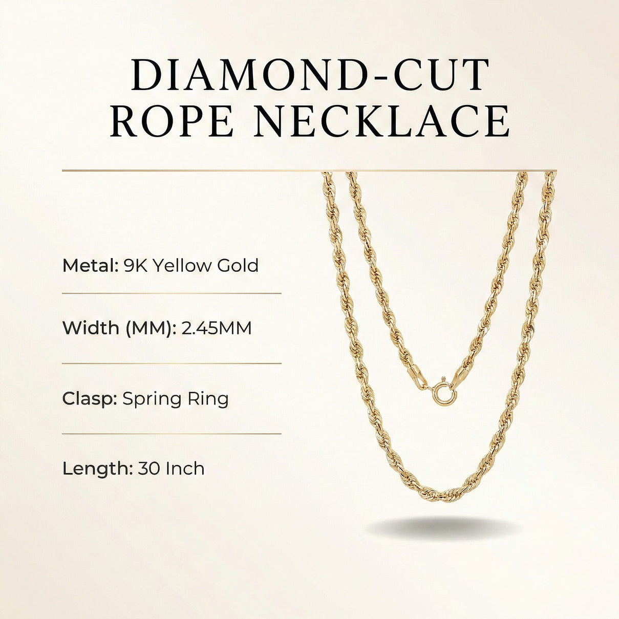 Mega Hatton Garden CloseOut- 9K Yellow Gold Diamond-Cut 2.45MM Rope Necklace with Spring Ring Clasp 30 Inch 8265567 7