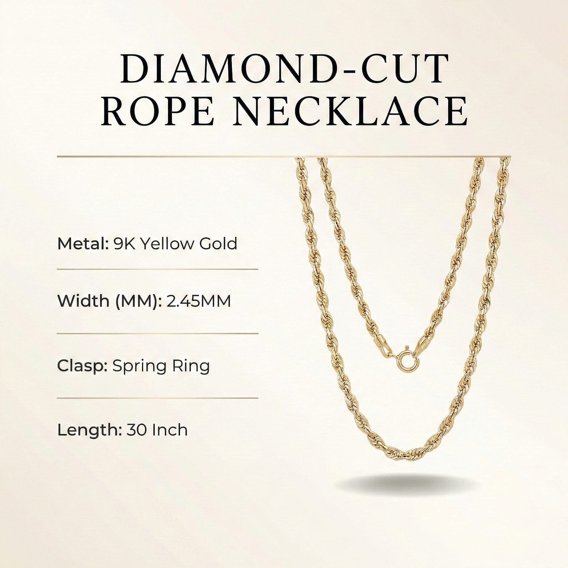 Mega Hatton Garden CloseOut- 9K Yellow Gold Diamond-Cut 2.45MM Rope Necklace with Spring Ring Clasp 30 Inch 8265567 7