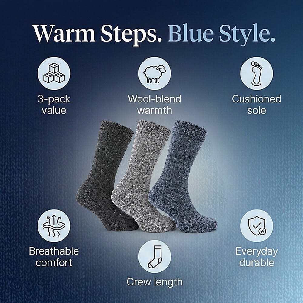 Mens 3 Pack ProHike Cushion Sole Wool Socks (UK 6-11) - Blue 8374338 1