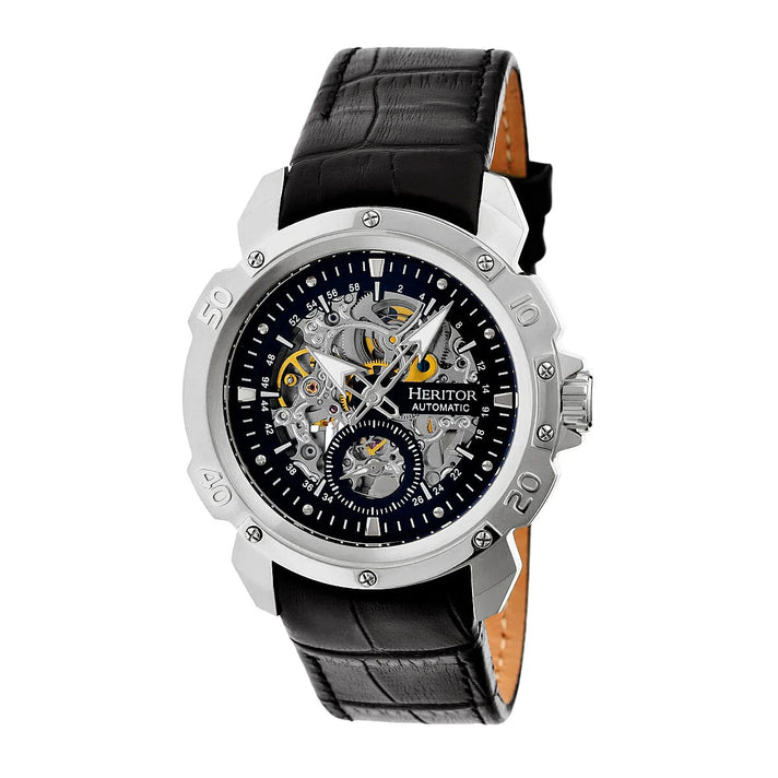 Mens Conrad Heritor Automatic  Watch with a Black Dial and a Black coloured Leather band, featuring a  Silver coloured Stainless Steel case with 5 ATM water resistance 8186639 1