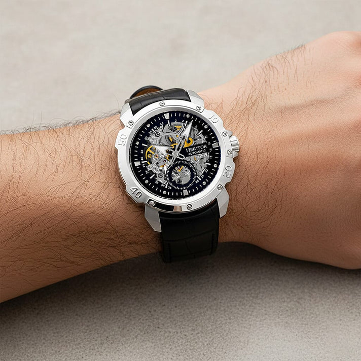 Mens Conrad Heritor Automatic  Watch with a Black Dial and a Black coloured Leather band, featuring a  Silver coloured Stainless Steel case with 5 ATM water resistance 8186639 2