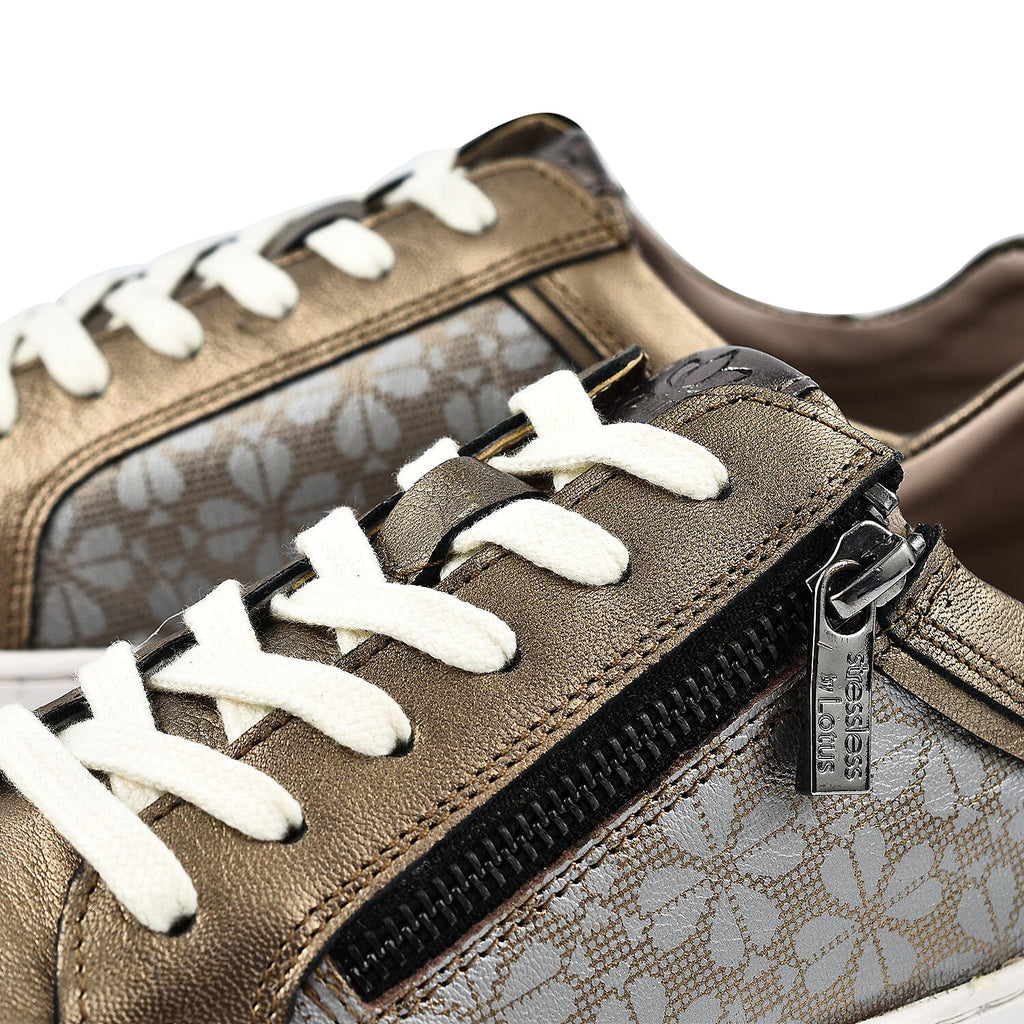 SANDER Floral Printed Leather Casual Zip-Up Womens Trainers (Size 4) - Bronze