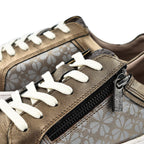 SANDER Floral Printed Leather Casual Zip-Up Womens Trainers (Size 4) - Bronze