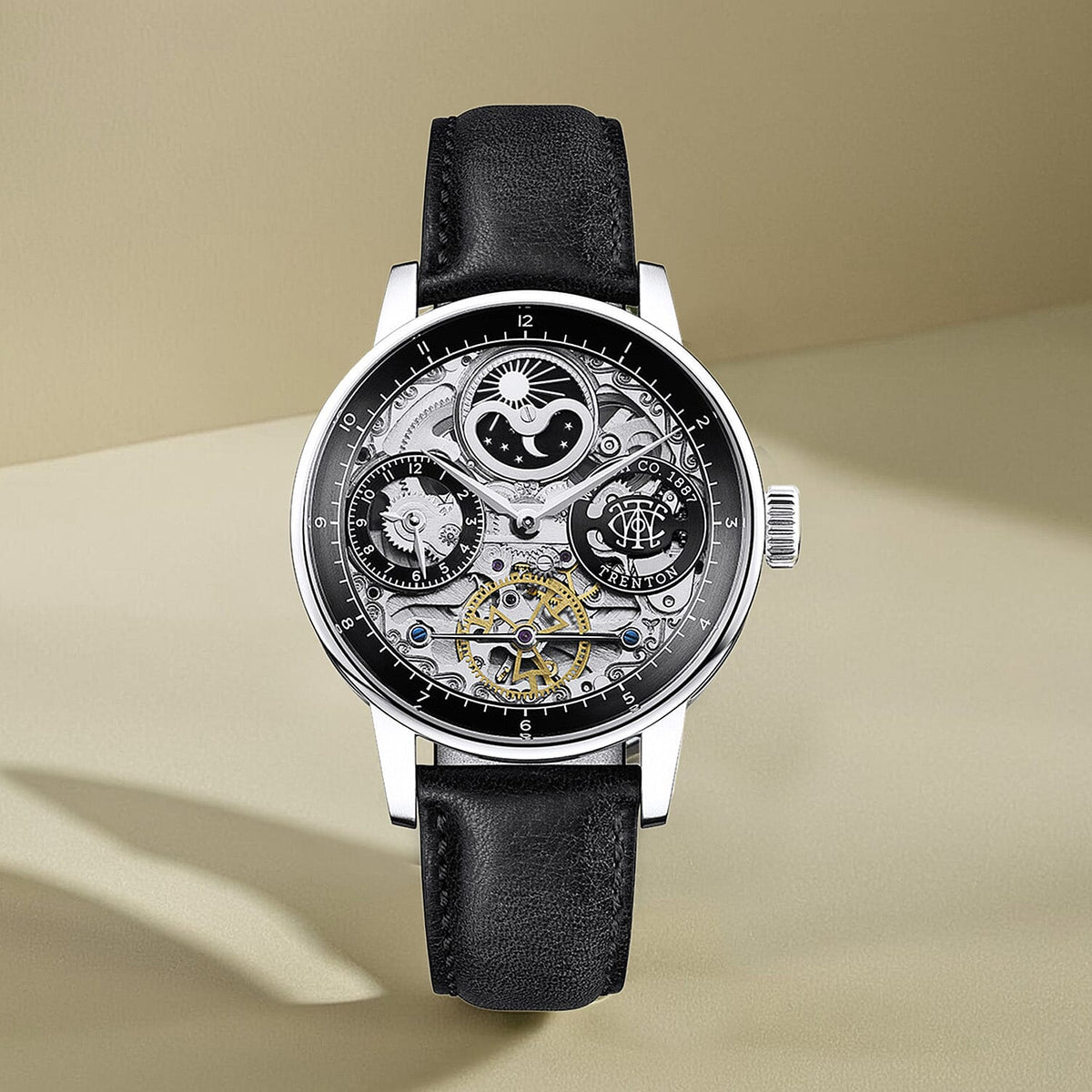 Trenton Jazz Automatic Skeleton 42mm Watch With Moonphase Function 5ATM, Mineral Glass, Leather Strap &amp; Lifetime Warranty 7951142 2
