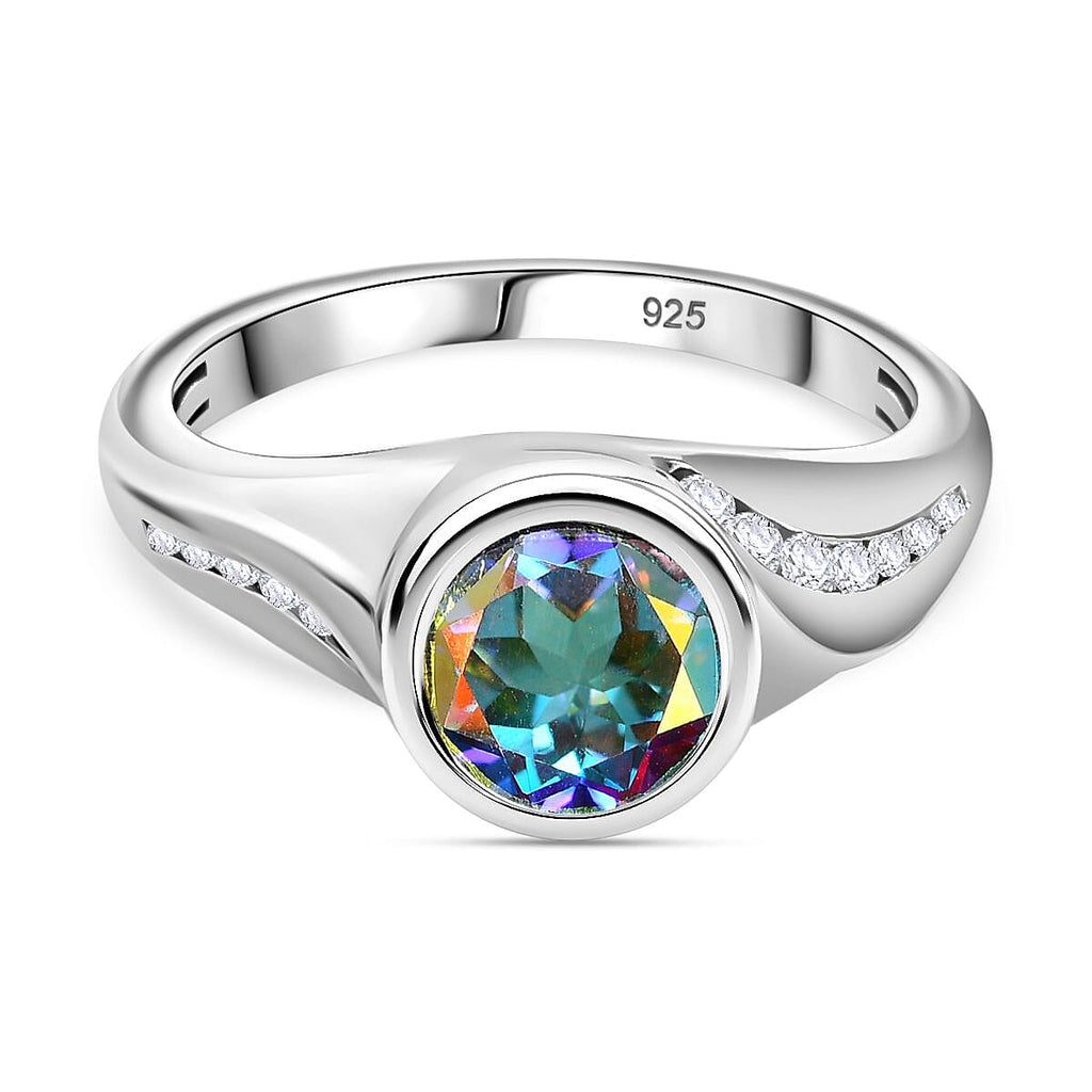 Mercury Mystic Topaz & Moissanite Bypass Ring in Rhodium Overlay Sterling Silver 1.70 Ct
