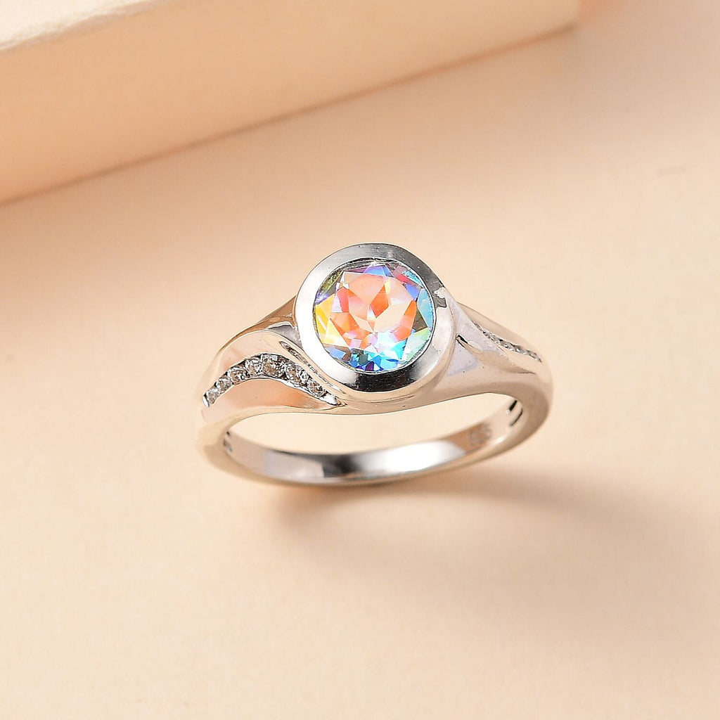 Mercury Mystic Topaz & Moissanite Bypass Ring in Rhodium Overlay Sterling Silver 1.70 Ct