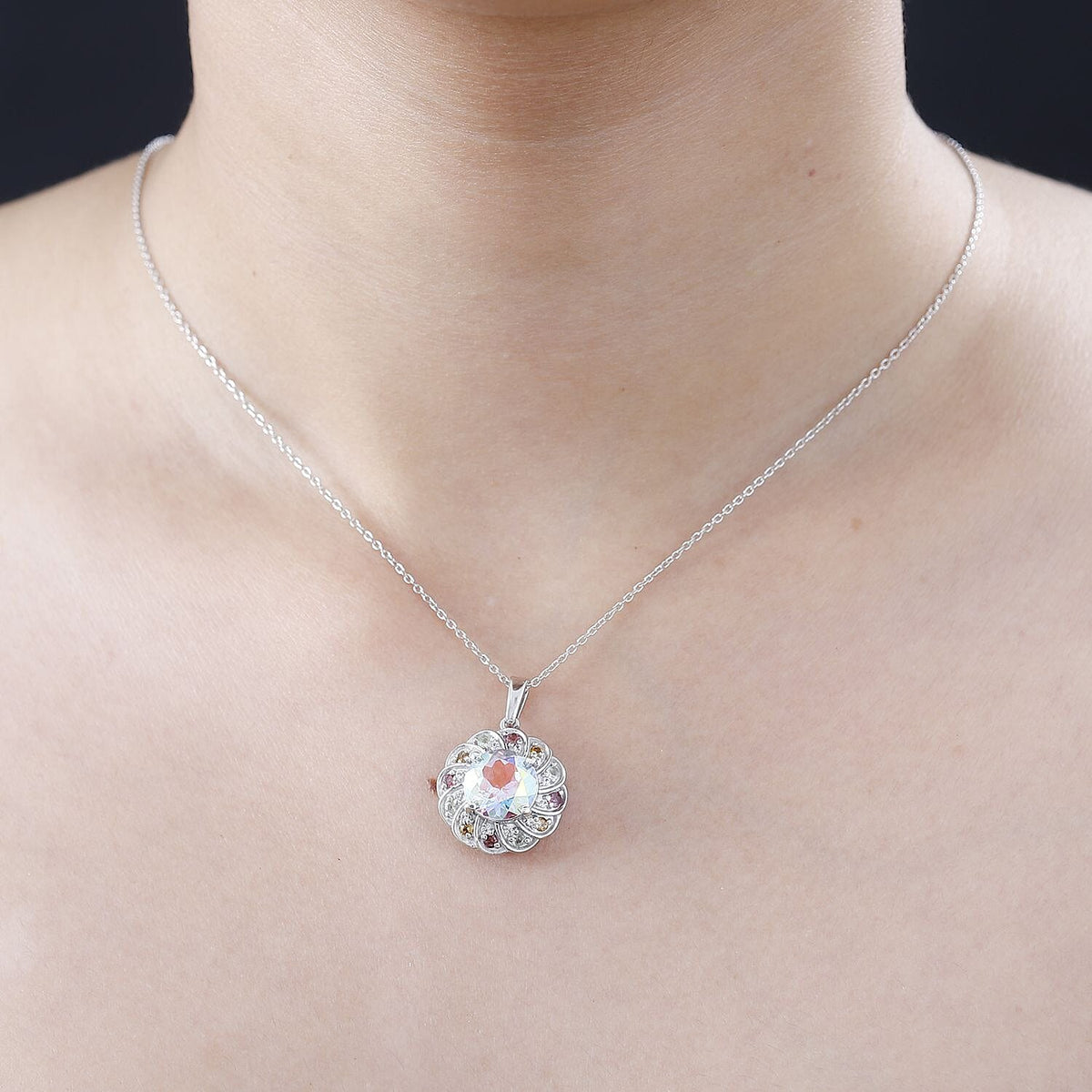 Mercury Mystic Topaz, Multi-Tourmaline and Natural Zircon Floral Pendant with Chain (Size 20) in Rhodium Overlay Sterling Silver 5.20 Ct, Silver Wt. 5.40 Gms V32734003 2