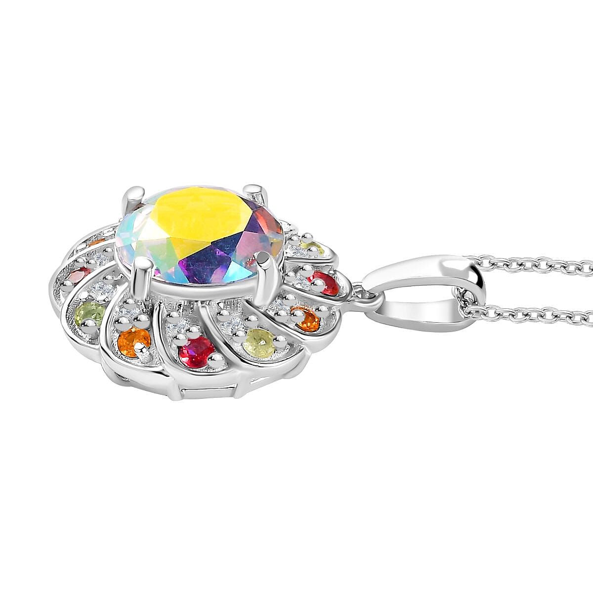 Mercury Mystic Topaz, Multi-Tourmaline and Natural Zircon Floral Pendant with Chain (Size 20) in Rhodium Overlay Sterling Silver 5.20 Ct, Silver Wt. 5.40 Gms V32734003 4