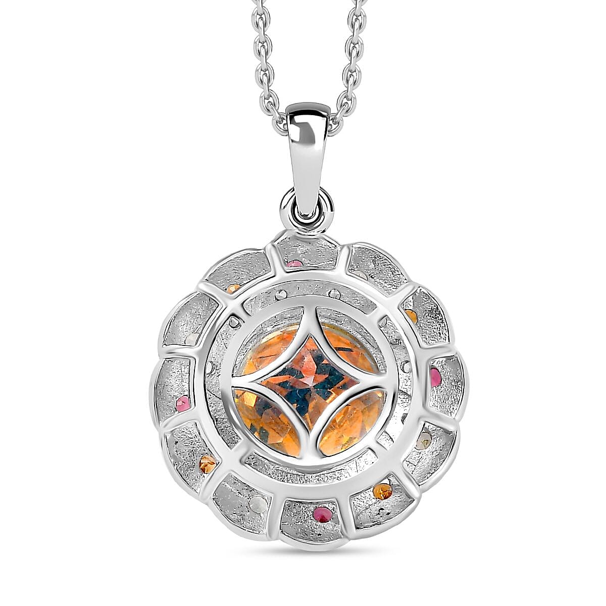 Mercury Mystic Topaz, Multi-Tourmaline and Natural Zircon Floral Pendant with Chain (Size 20) in Rhodium Overlay Sterling Silver 5.20 Ct, Silver Wt. 5.40 Gms V32734003 5