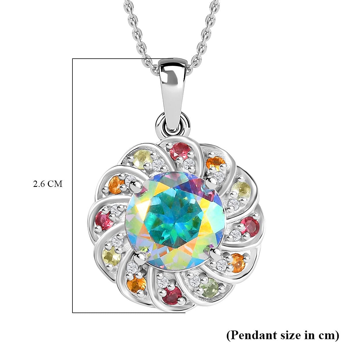 Mercury Mystic Topaz, Multi-Tourmaline and Natural Zircon Floral Pendant with Chain (Size 20) in Rhodium Overlay Sterling Silver 5.20 Ct, Silver Wt. 5.40 Gms V32734003 6