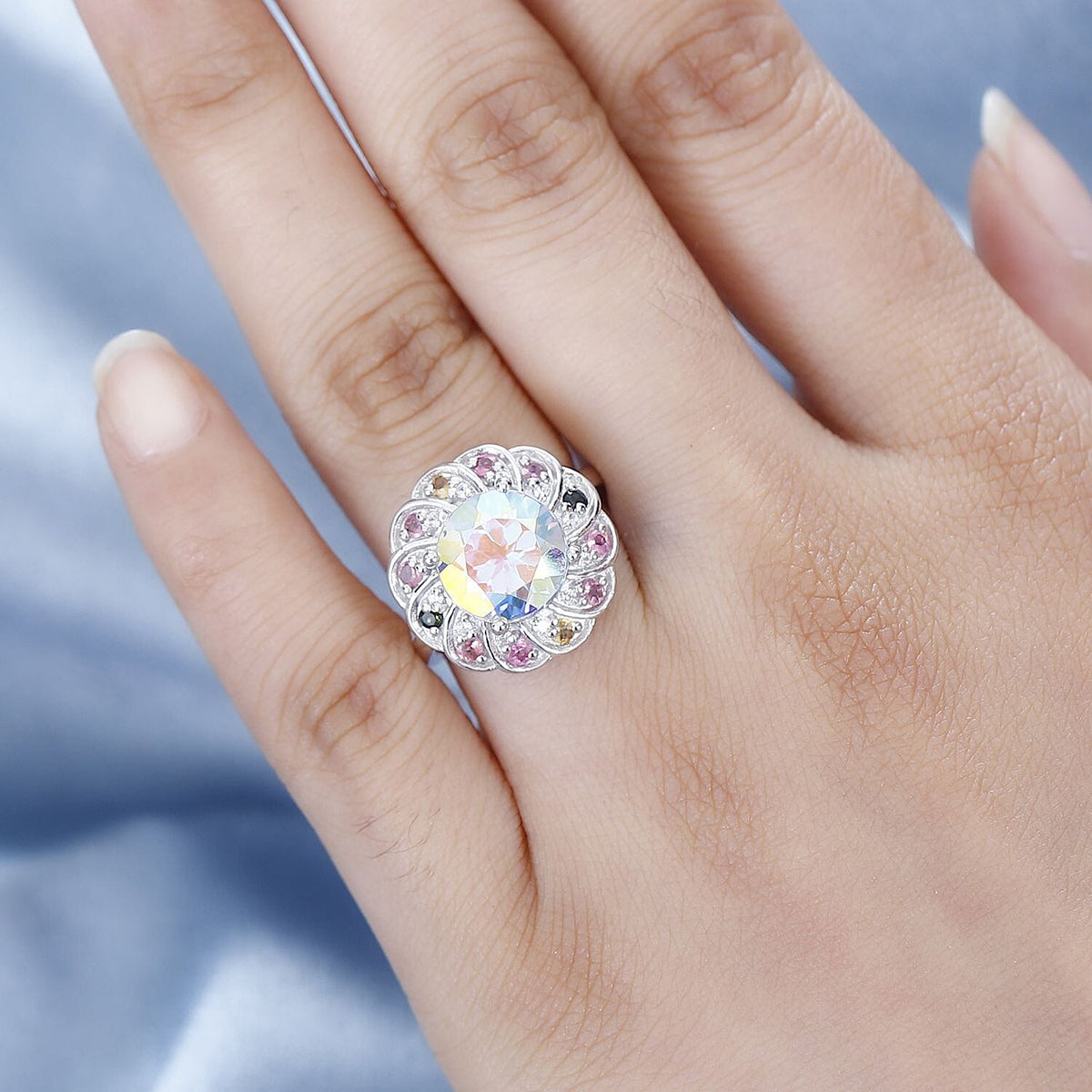 Mercury Mystic Topaz, Natural Zircon and Multi-Tourmaline Floral Ring in Rhodium Overlay Sterling Silver 5.00 Ct, Silver Wt. 5 Gms 7793753 3
