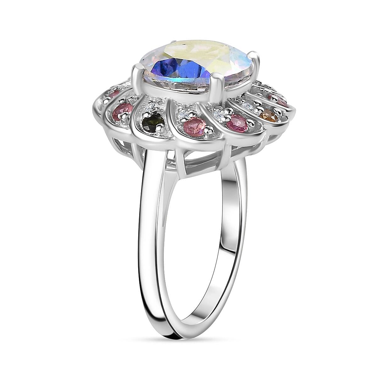 Mercury Mystic Topaz, Natural Zircon and Multi-Tourmaline Floral Ring in Rhodium Overlay Sterling Silver 5.00 Ct, Silver Wt. 5 Gms 7793753 4