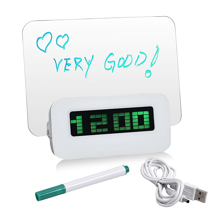 Message Board and Watercolour Pen Digital Alarm Clock with Green Light Display - White 7012219 0