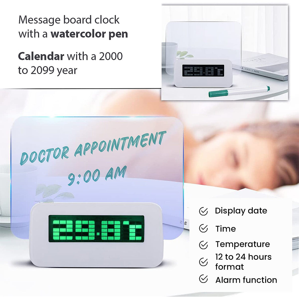 Message Board and Watercolour Pen Digital Alarm Clock with Green Light Display - White 7012219 2