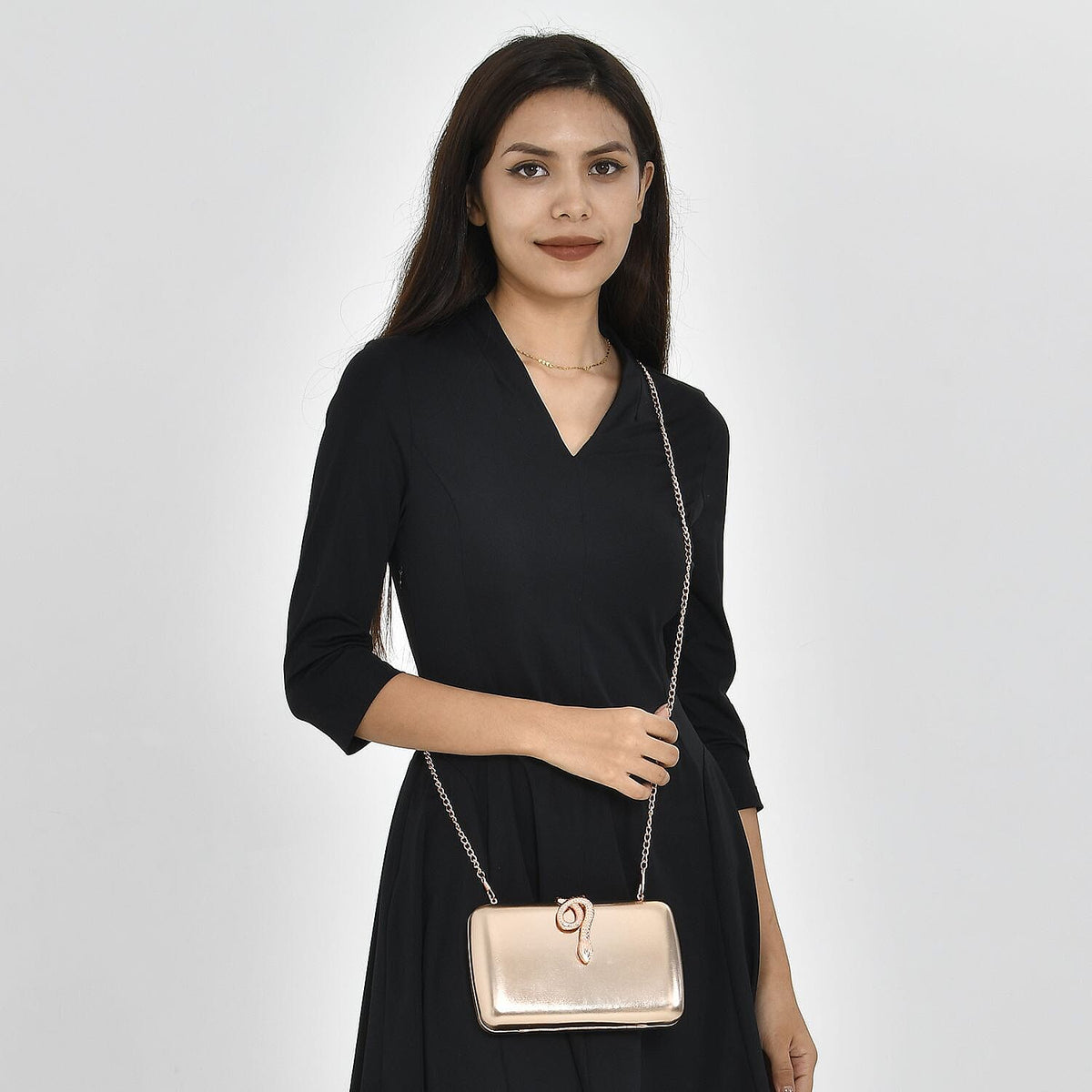 Metallic Finish Clutch with Snake Buckle Clasp - Rose Gold 7154933 1