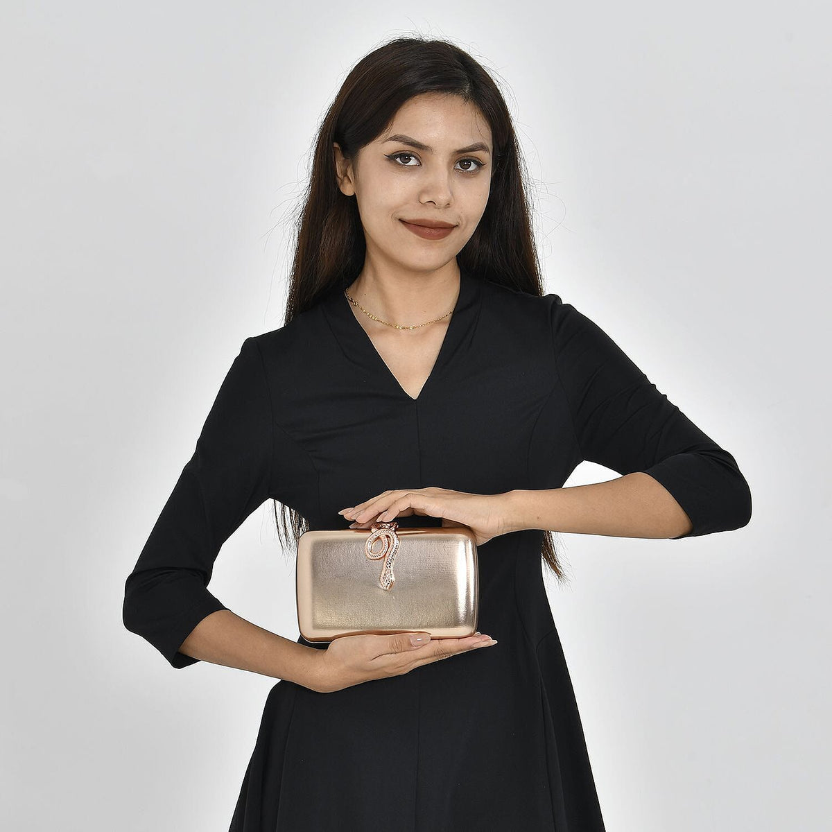 Metallic Finish Clutch with Snake Buckle Clasp - Rose Gold 7154933 2
