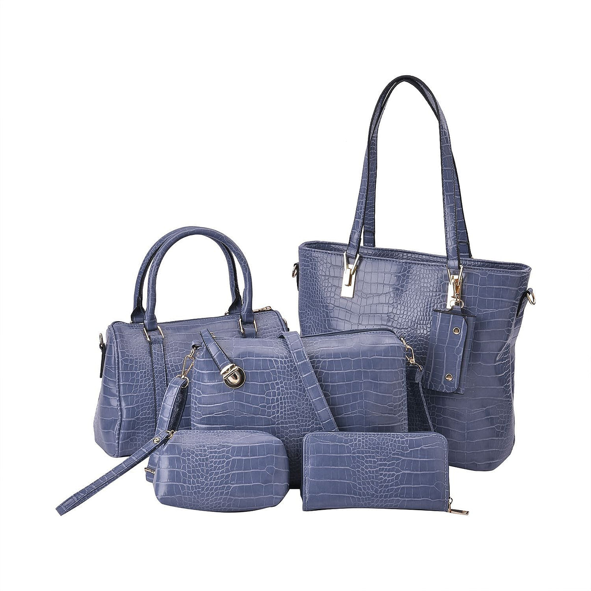 Closeout Deal - Set of 6 Croc Embossed Handbags - Blue 7197909 0