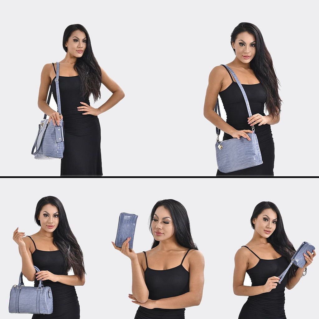 Closeout Deal - Set of 6 Croc Embossed Handbags - Blue