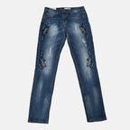Mid Rinse Blue Floral Diamante Embellished High Waist Jeans (Size 12)
