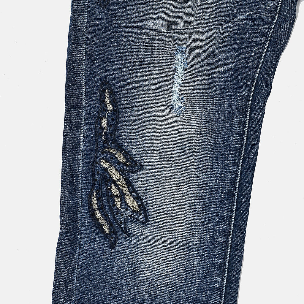 Mid Rinse Blue Floral Diamante Embellished High Waist Jeans (Size 12)