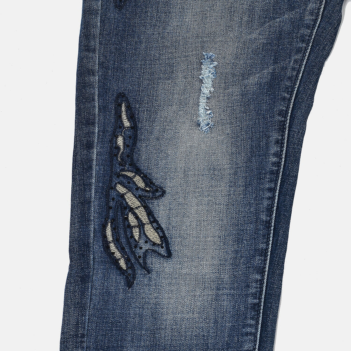 Mid Rinse Blue Floral Diamante Embellished High Waist Skinny Jeans 6272238 2