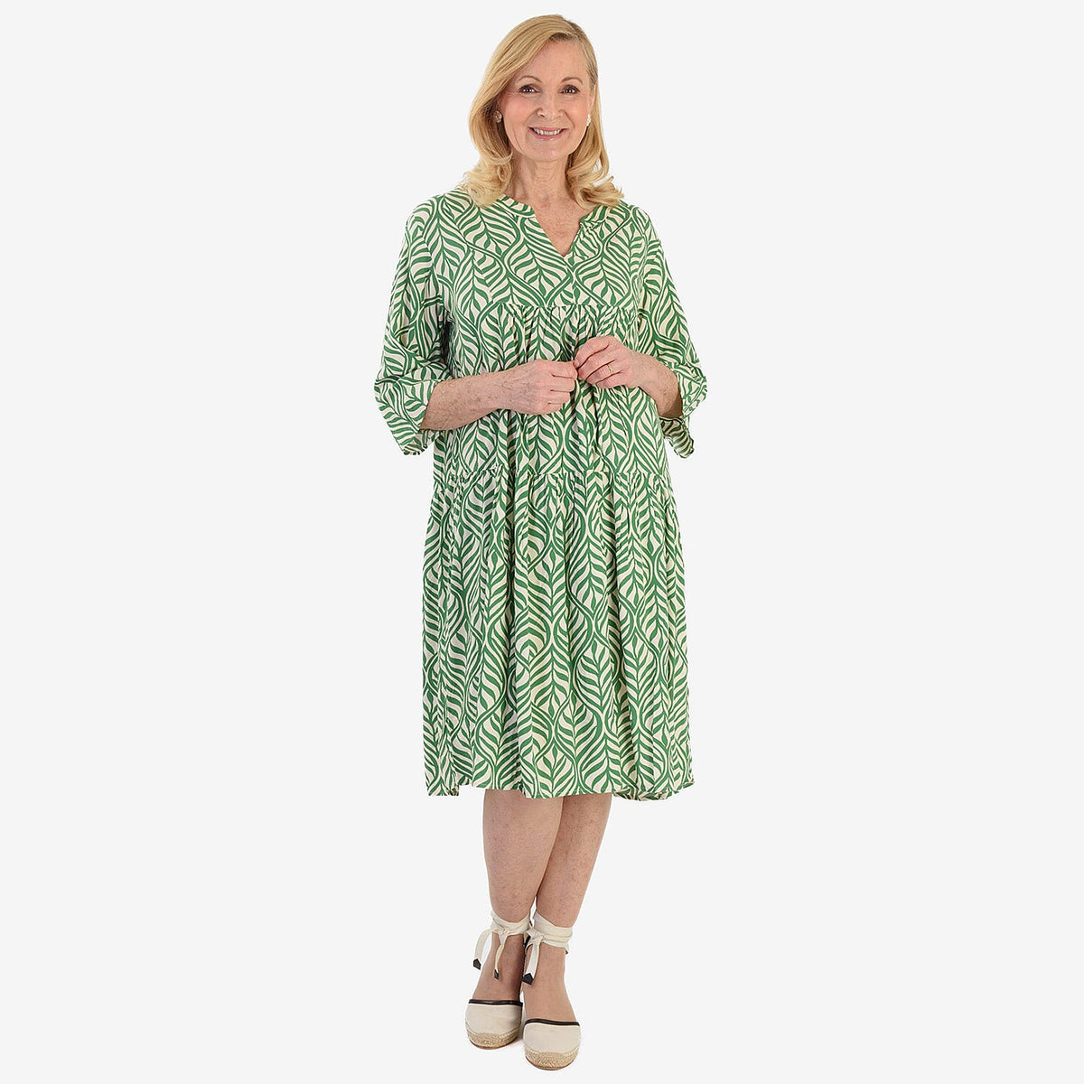 La Marey Brush Stroke Print Midi Dress (Size 10) - Green &amp; White V32533319 0