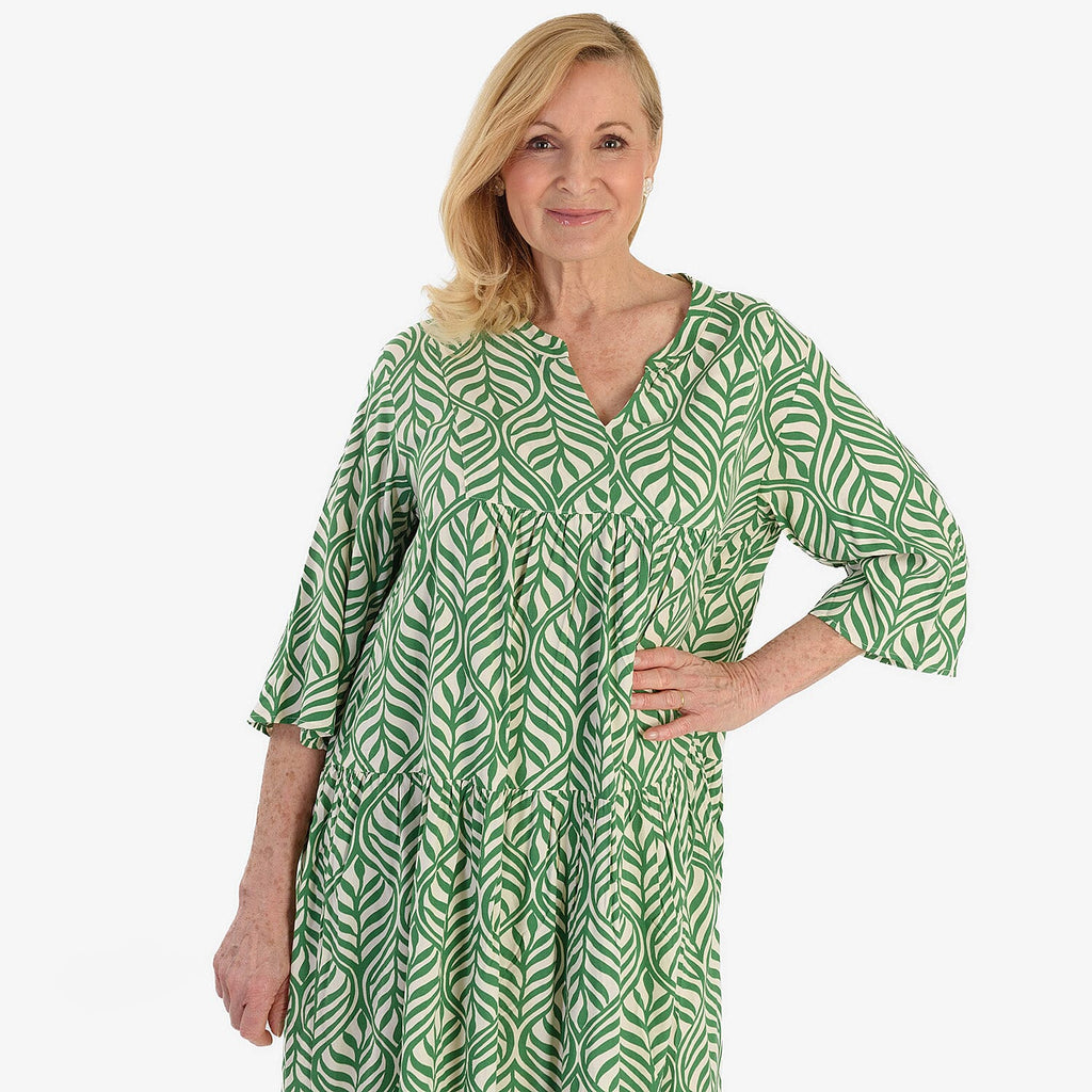 La Marey Brush Stroke Print Midi Dress (Size 10) - Green & White