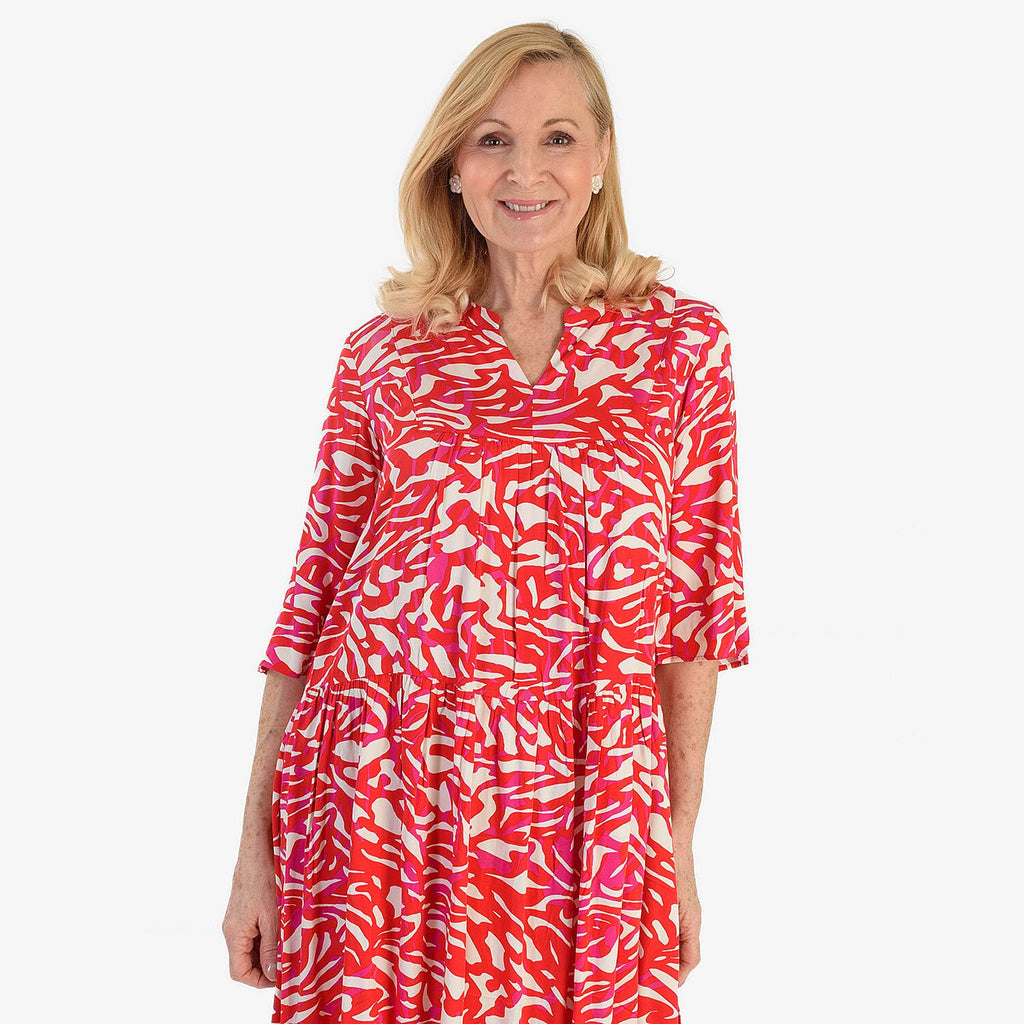 La Marey Brush Stroke Print Midi Dress (Size 10) - Red & White