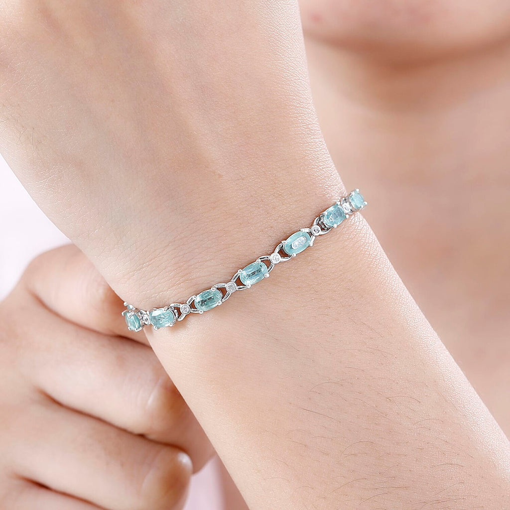 Mint Kyanite & White Zircon Cluster Bracelet (Size - 7) in Platinum Overlay Sterling Silver 10.54 Ct, Silver Wt. 7.81 Gms