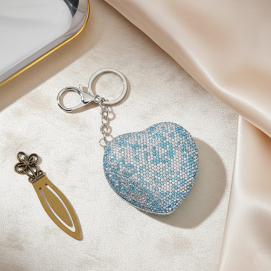Heart Shape Elegant Sparkly Crystal Compact Mirror (7cm) - White &amp; Blue 8426934 2