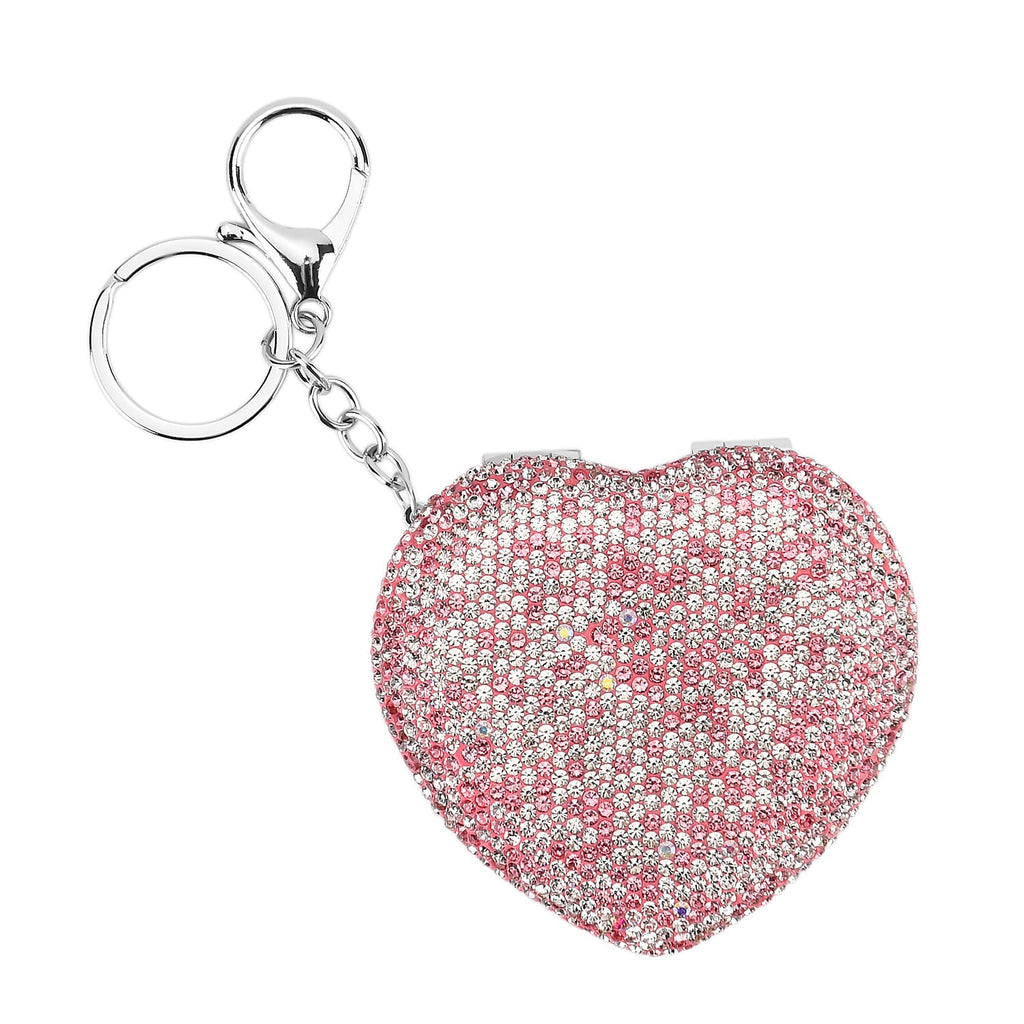 Heart Shape Elegant Sparkly Crystal Compact Mirror (7cm) - White & Pink